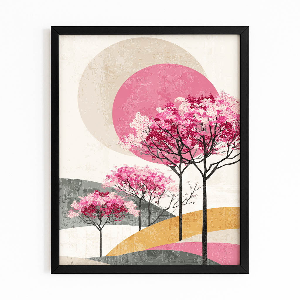 Pastel Hill Trees Cherry Blossom Prints – with Premium Black frame on white background