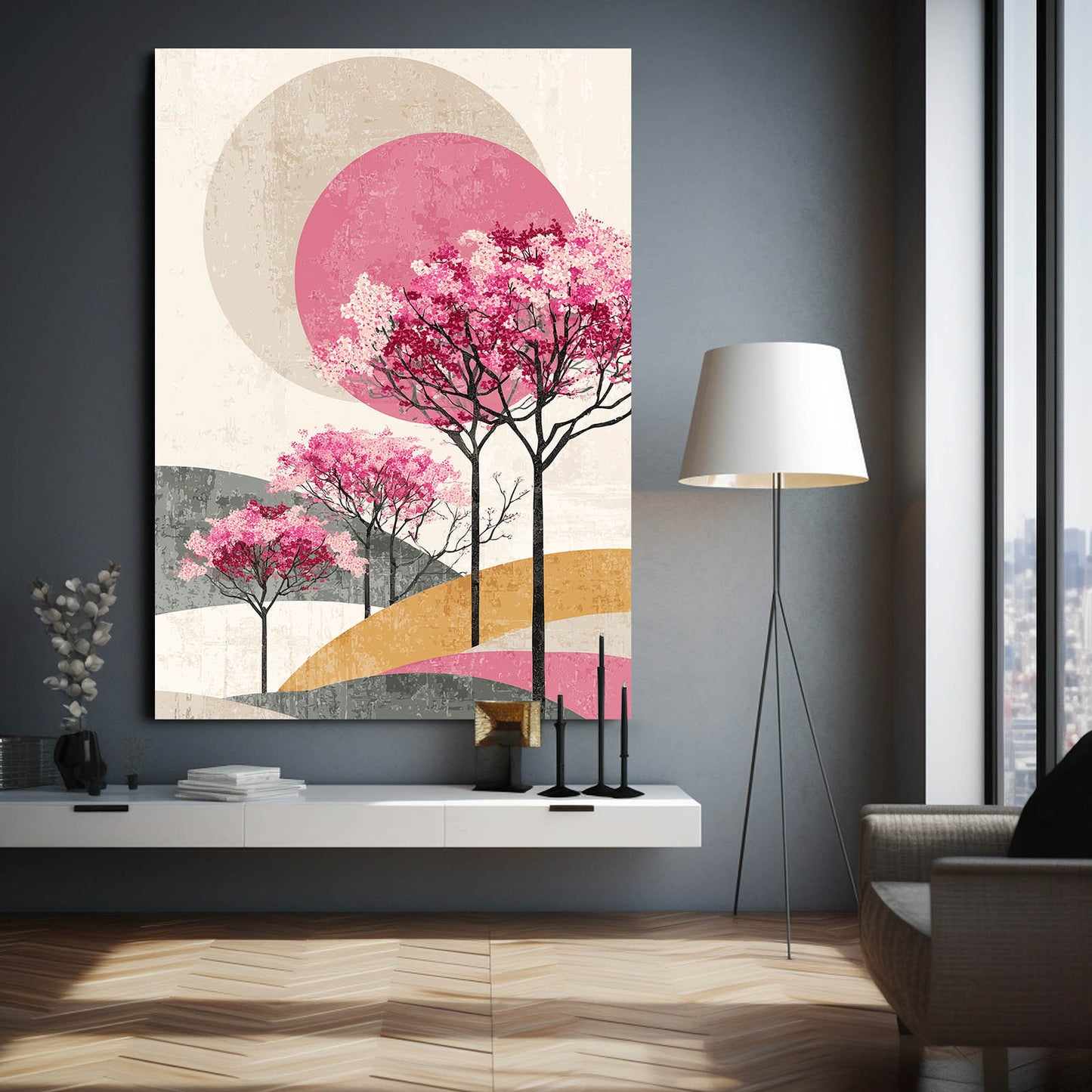 Pastel Hill Trees Cherry Blossom Prints – styled in a furnished interior