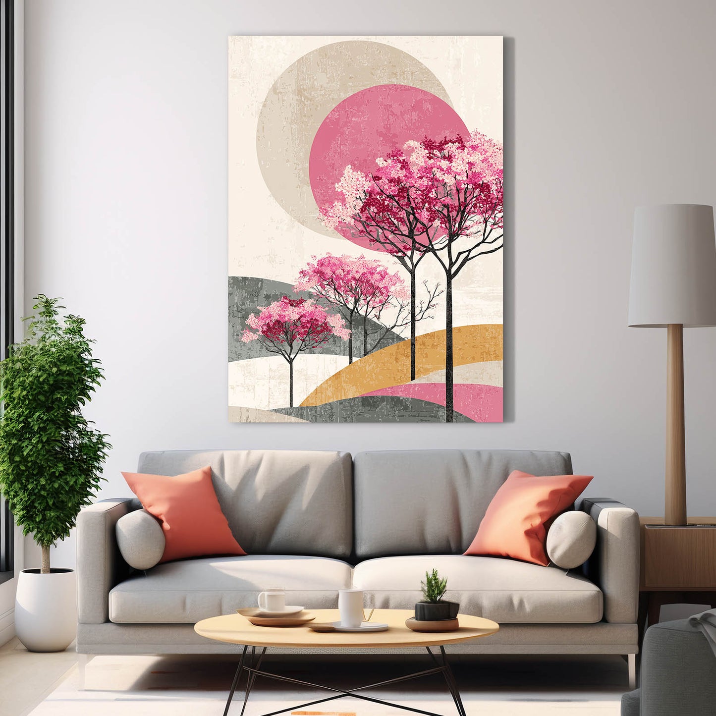 Pastel Hill Trees Cherry Blossom Prints – styled in a furnished interior