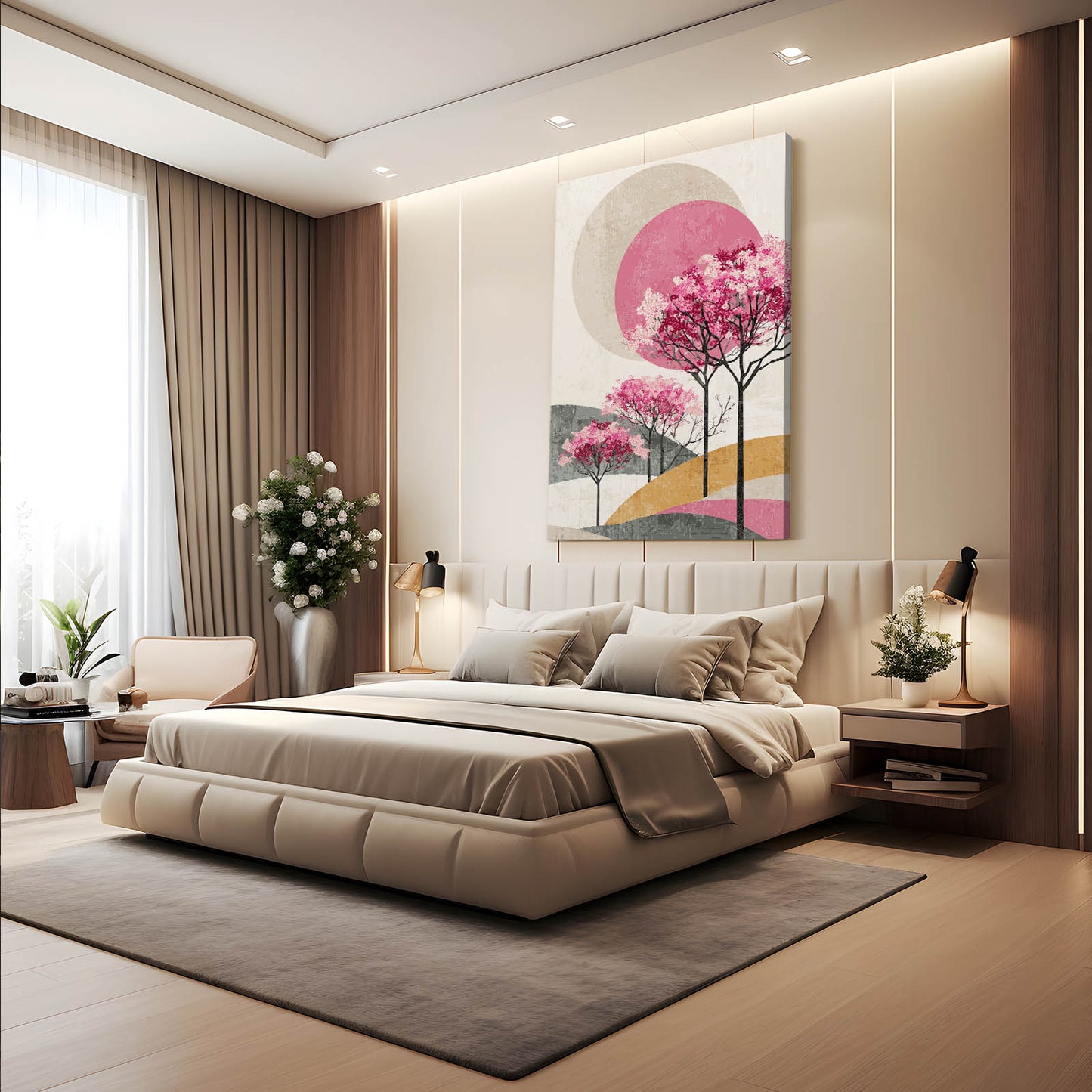 Pastel Hill Trees Cherry Blossom Prints – styled in a furnished interior