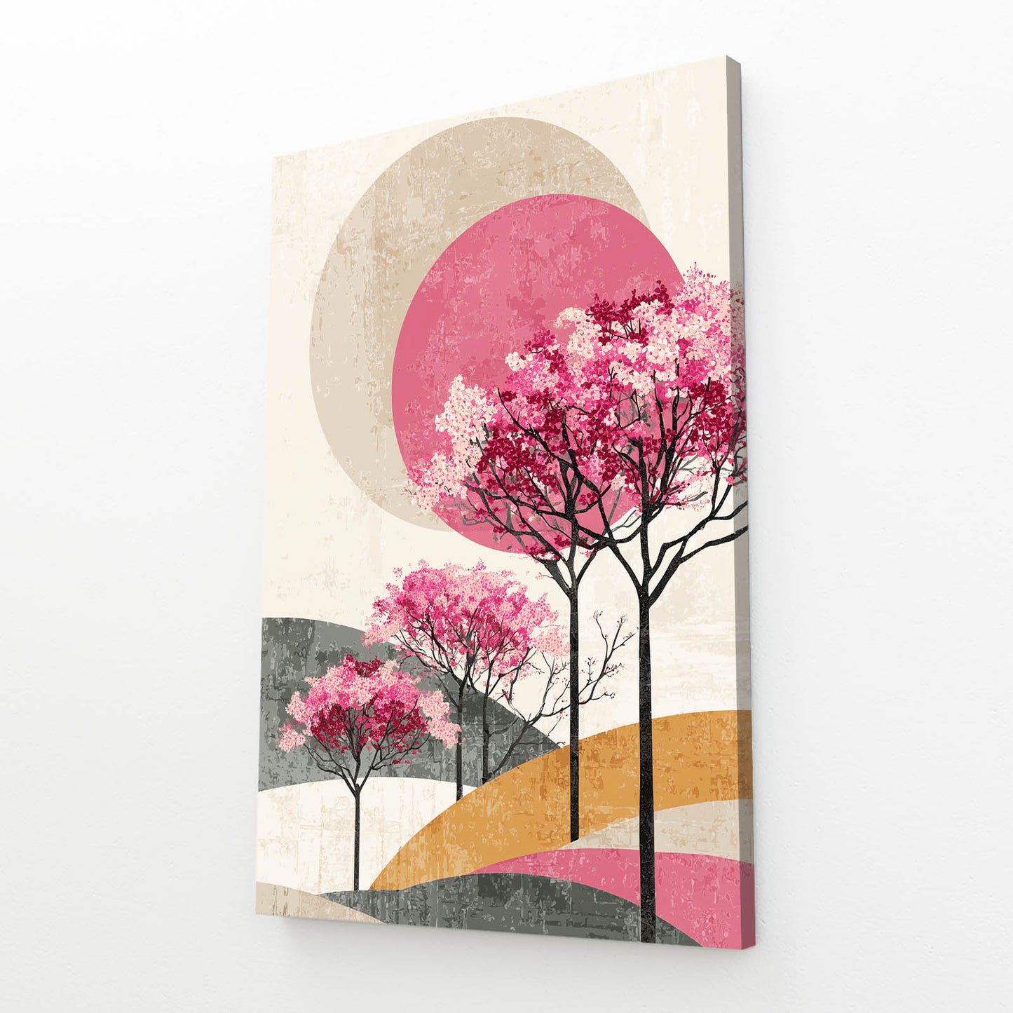 Pastel Hill Trees Cherry Blossom Prints – angled canvas view on white background