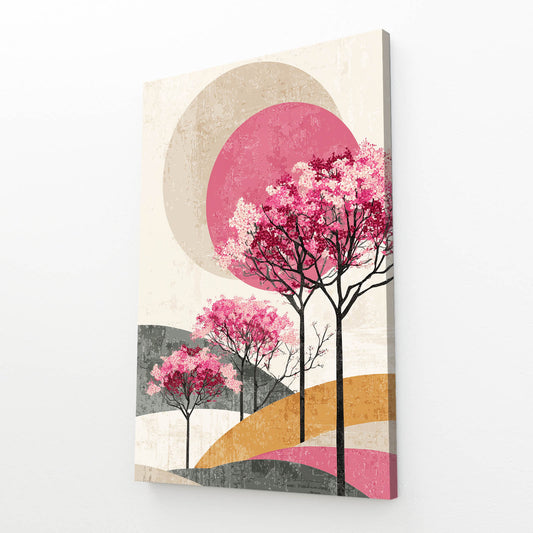 Pastel Hill Trees Cherry Blossom Prints – angled canvas view on white background