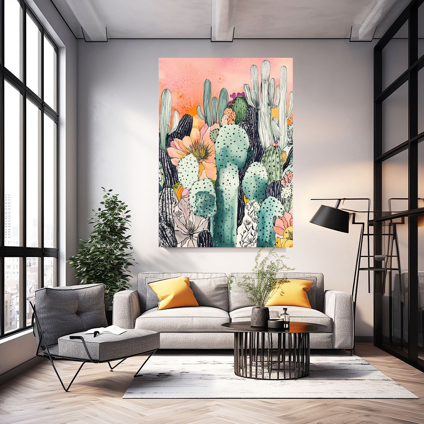Pastel Ink Garden Cactus Wall Art – styled in a furnished interior