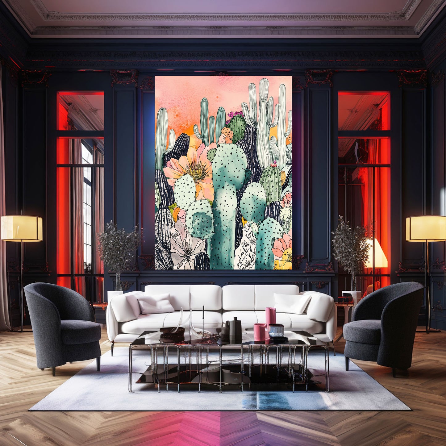 Pastel Ink Garden Cactus Wall Art – styled in a furnished interior