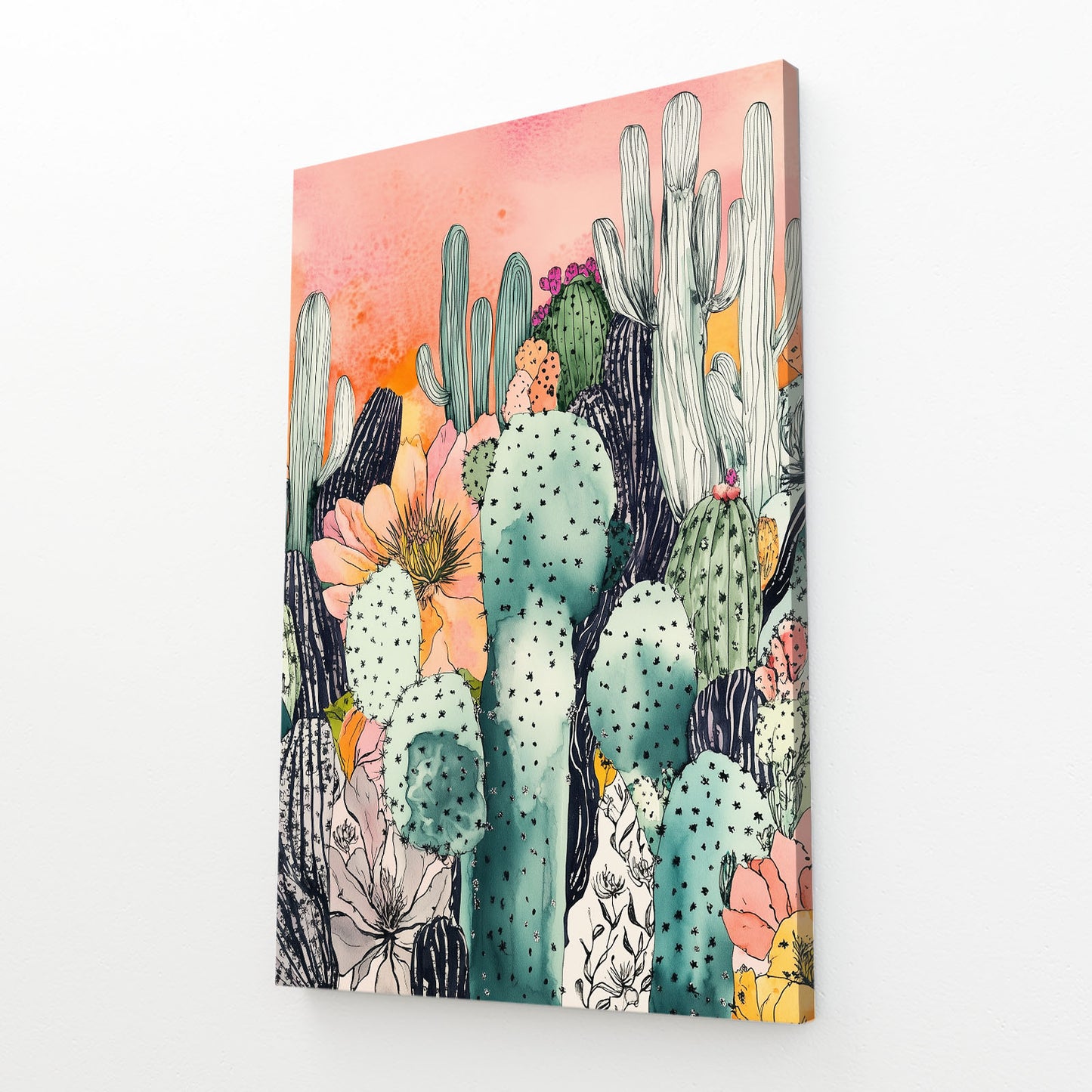 Pastel Ink Garden Cactus Wall Art – angled canvas view on white background