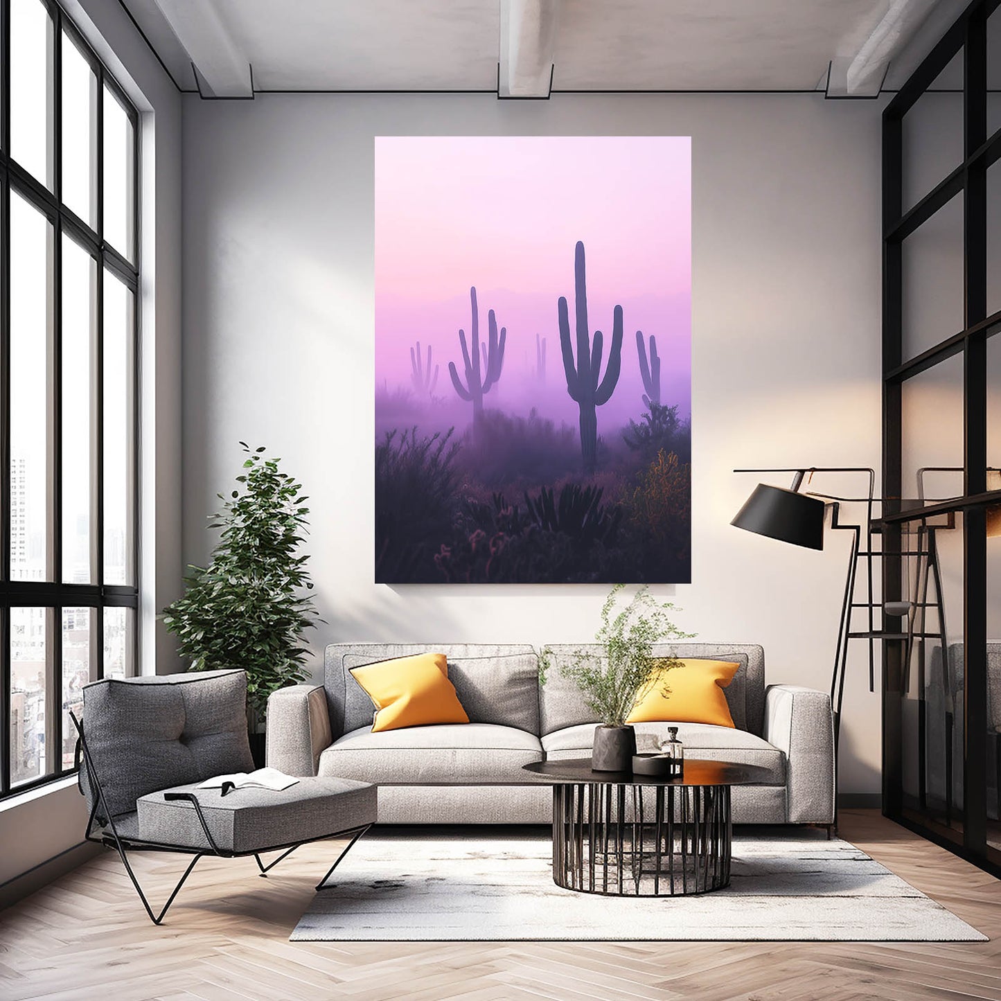 Pastel Mist Silhouette Cactus Prints – styled in a furnished interior