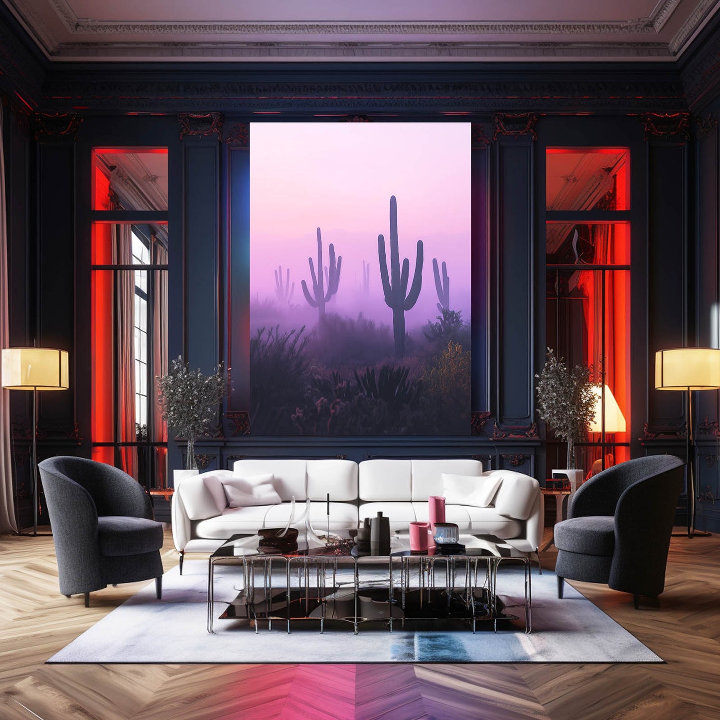Pastel Mist Silhouette Cactus Prints – styled in a furnished interior