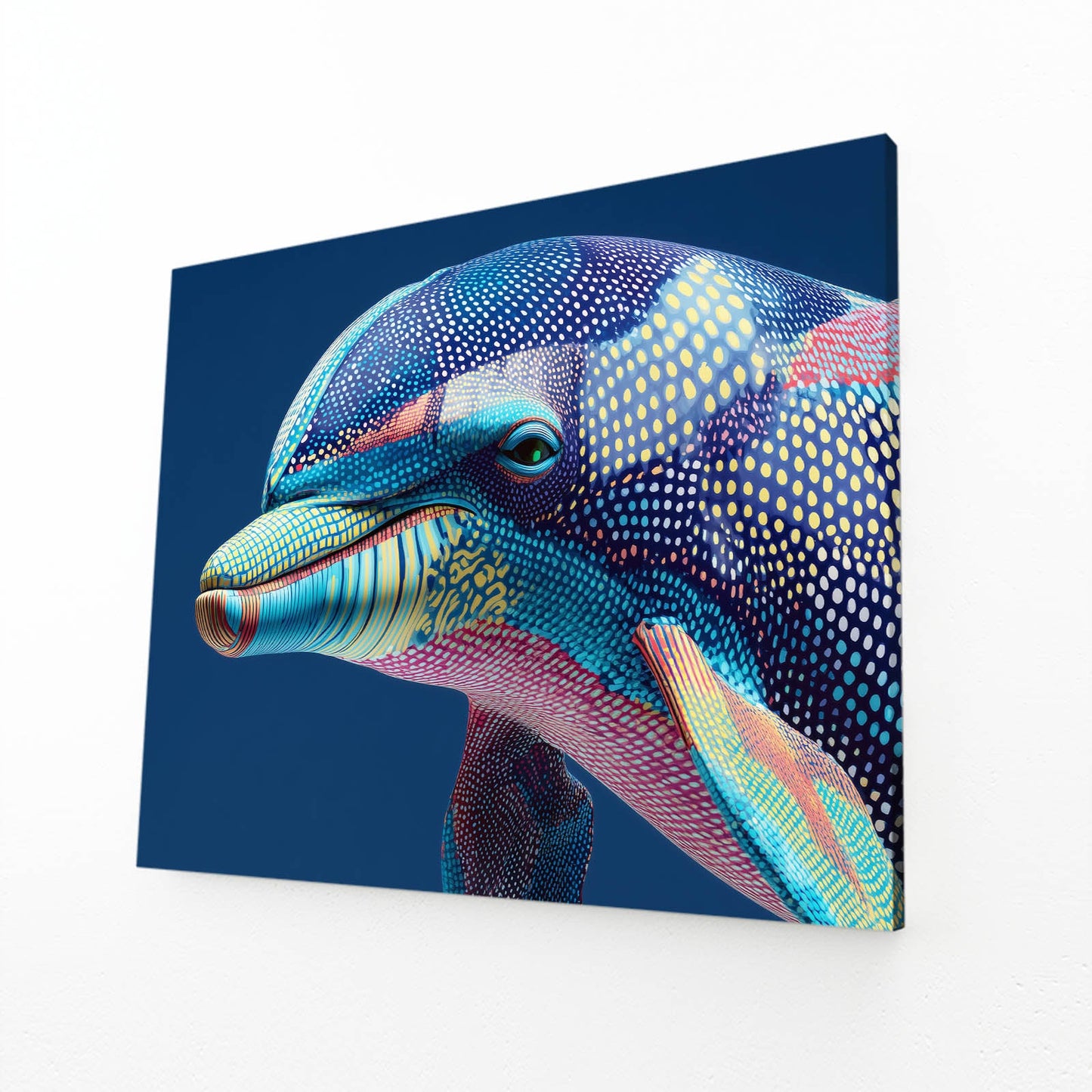 Pastel Mosaic Dolphin Artwork – angled canvas view on white background