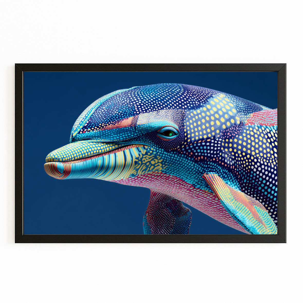 Pastel Mosaic Dolphin Artwork – with Premium Black wood frame on white background