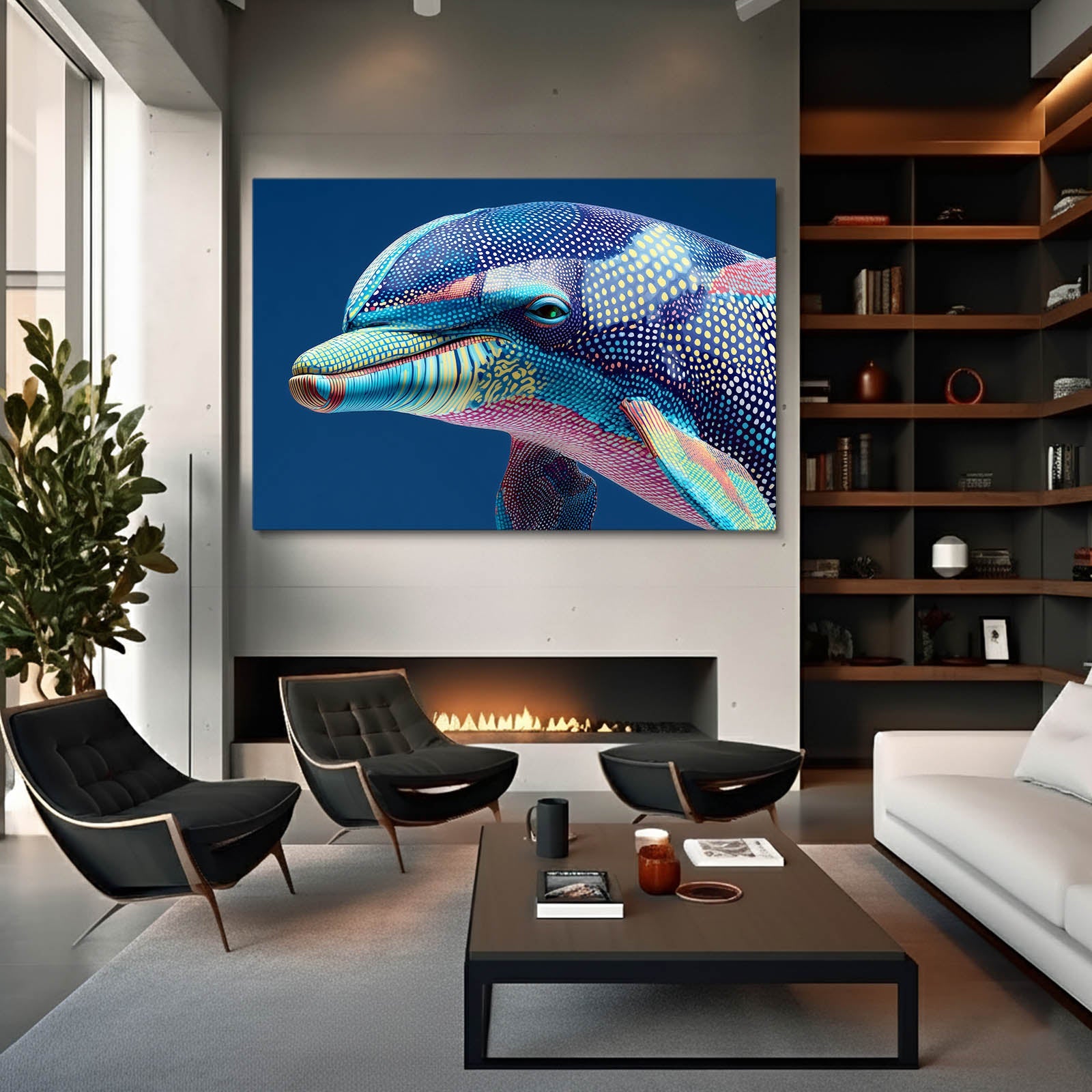 Pastel Mosaic Dolphin Artwork – styled in a furnished interior