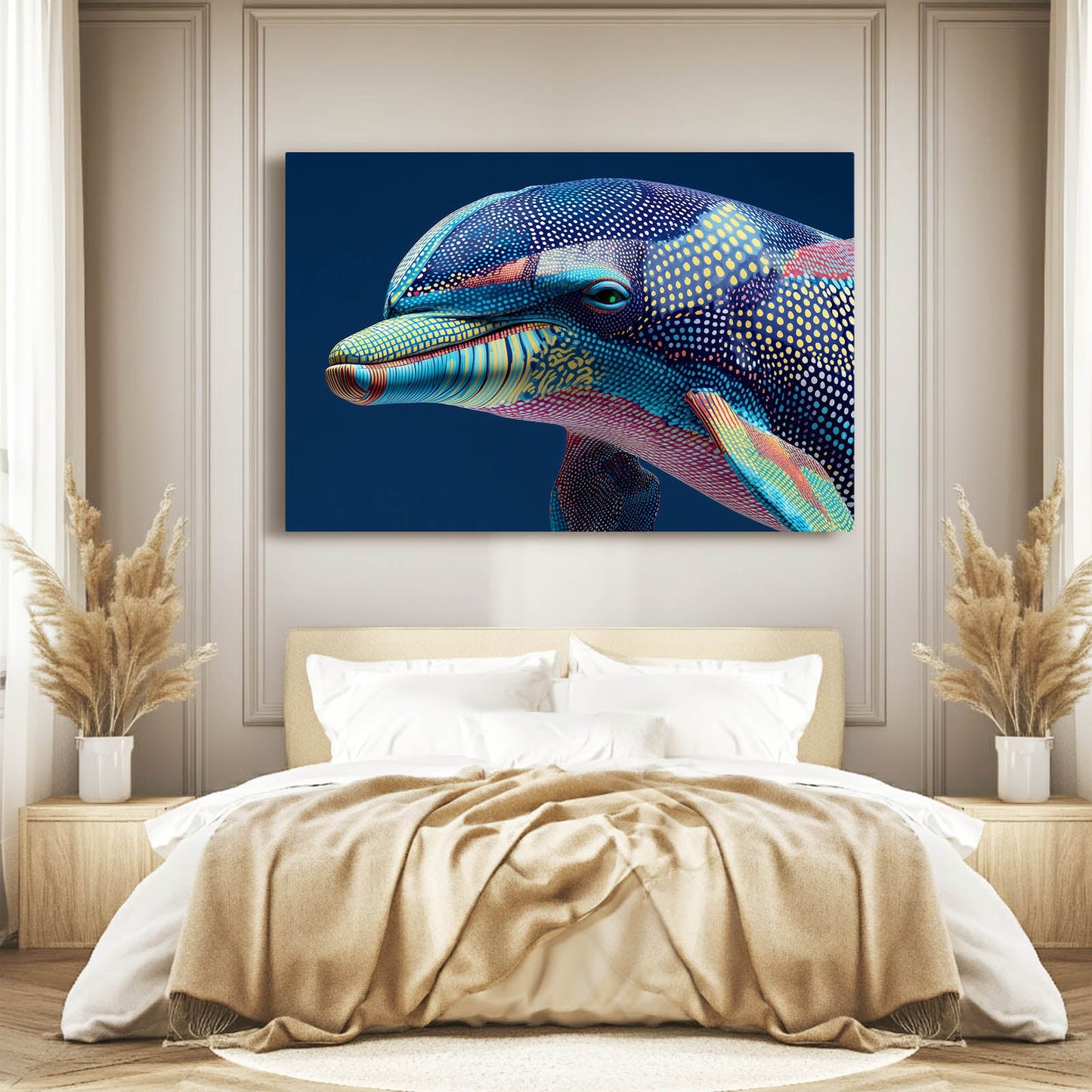 Pastel Mosaic Dolphin Artwork – styled in a furnished interior