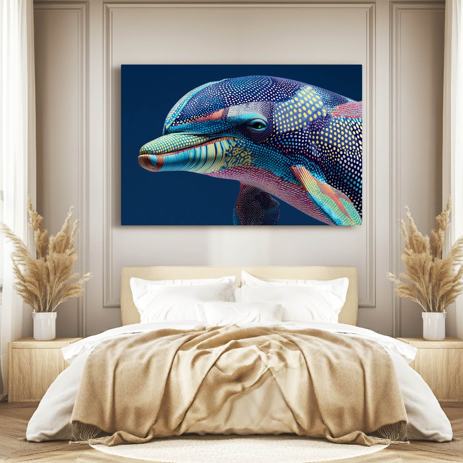 Pastel Mosaic Dolphin Artwork – styled in a furnished interior