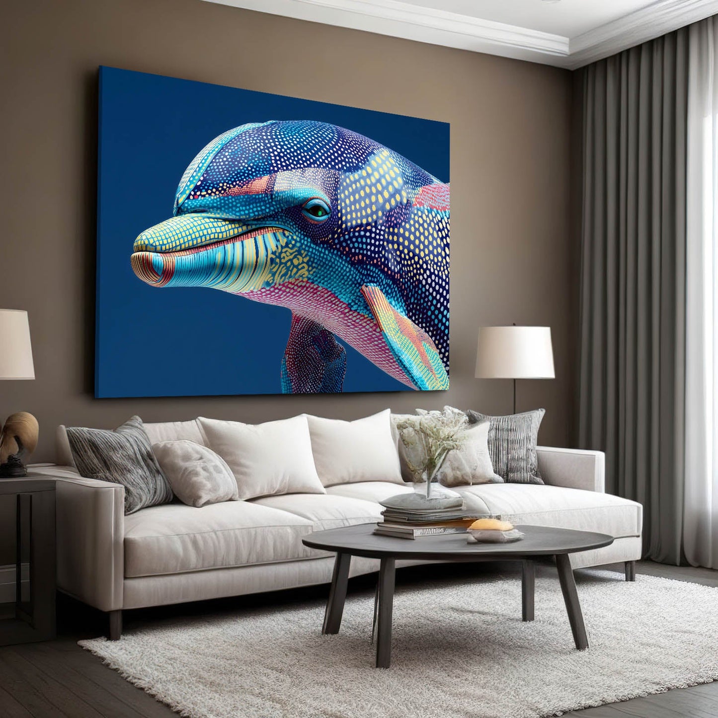 Pastel Mosaic Dolphin Artwork – styled in a furnished interior