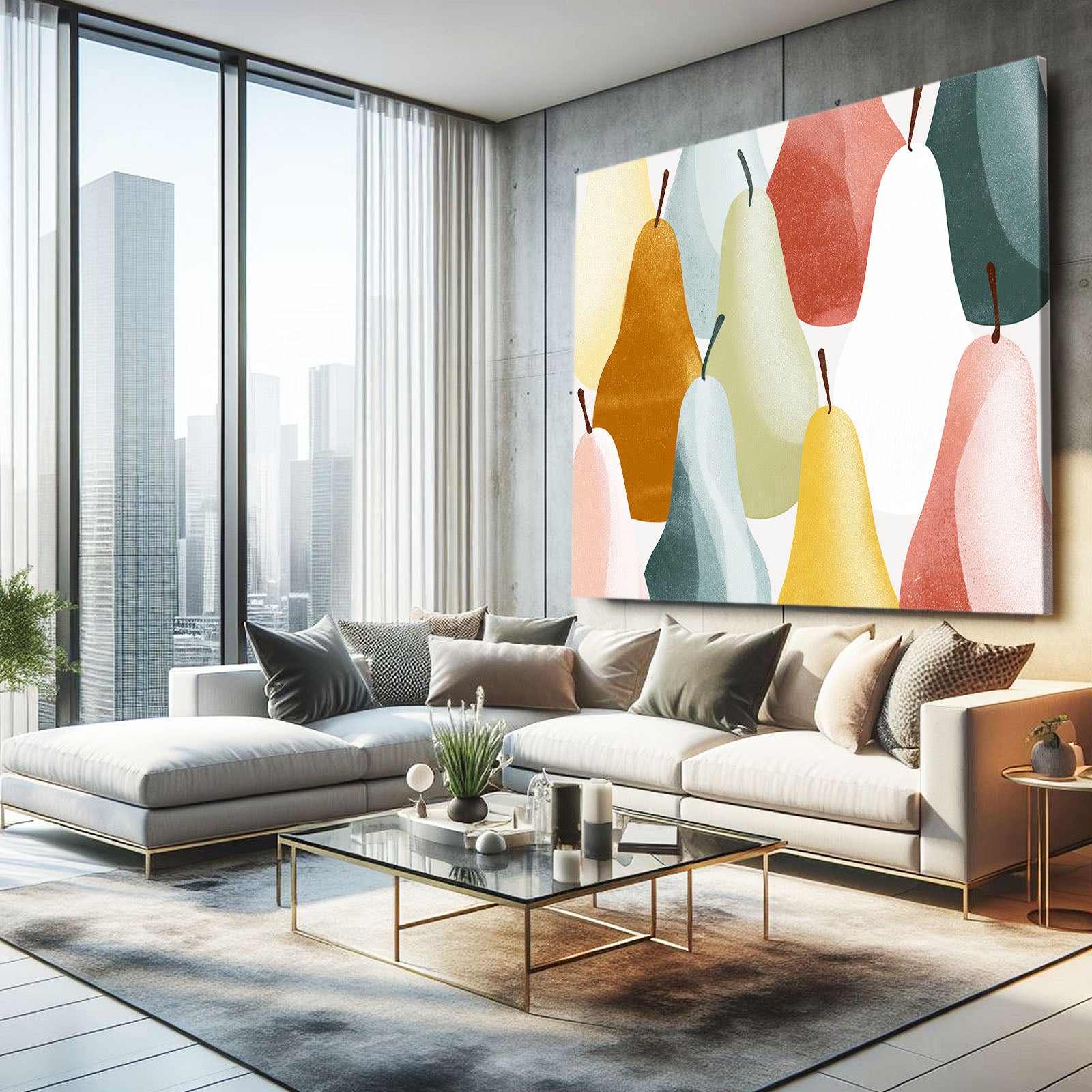 Pastel Pear Pattern Fruit Canvas – styled in a furnished interior
