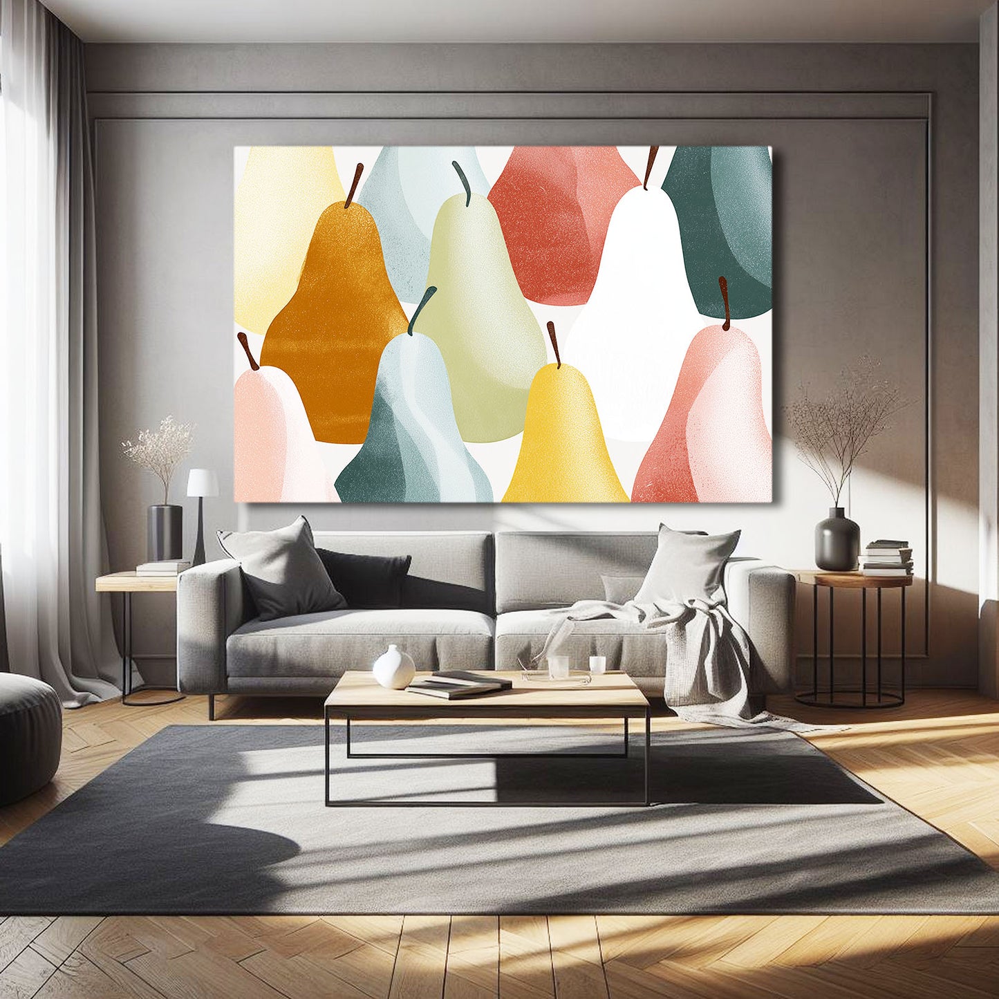 Pastel Pear Pattern Fruit Canvas – styled in a furnished interior