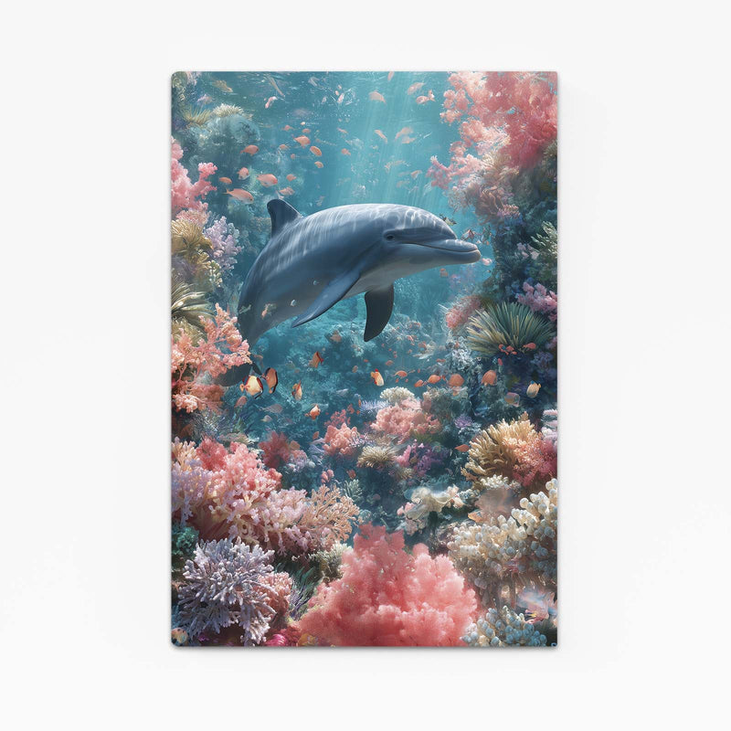 Pastel Reef Dolphin Artwork – dolphin drifting through a dreamy pastel coral garden in pink and teal
