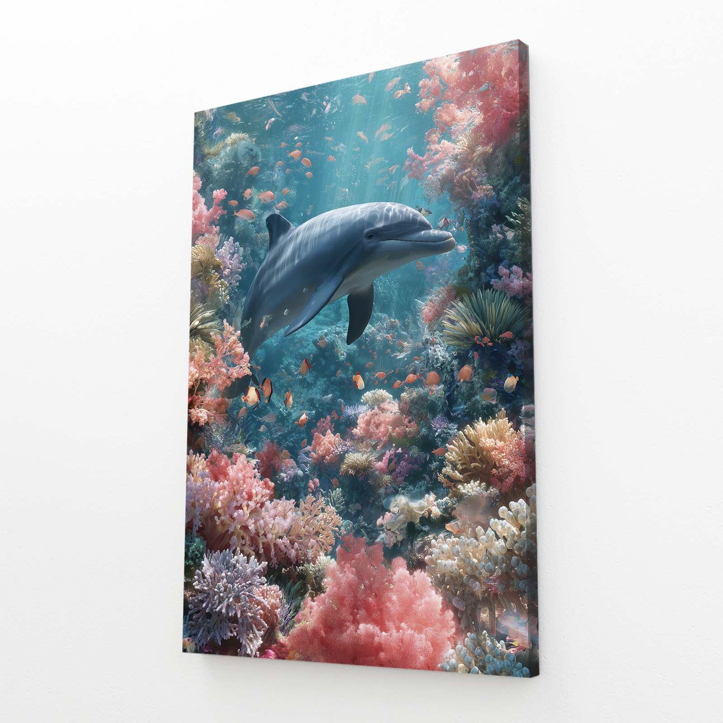Pastel Reef Dolphin Artwork – angled canvas view on white background