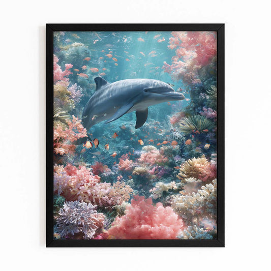 Pastel Reef Dolphin Artwork – with Premium Black wood frame on white background