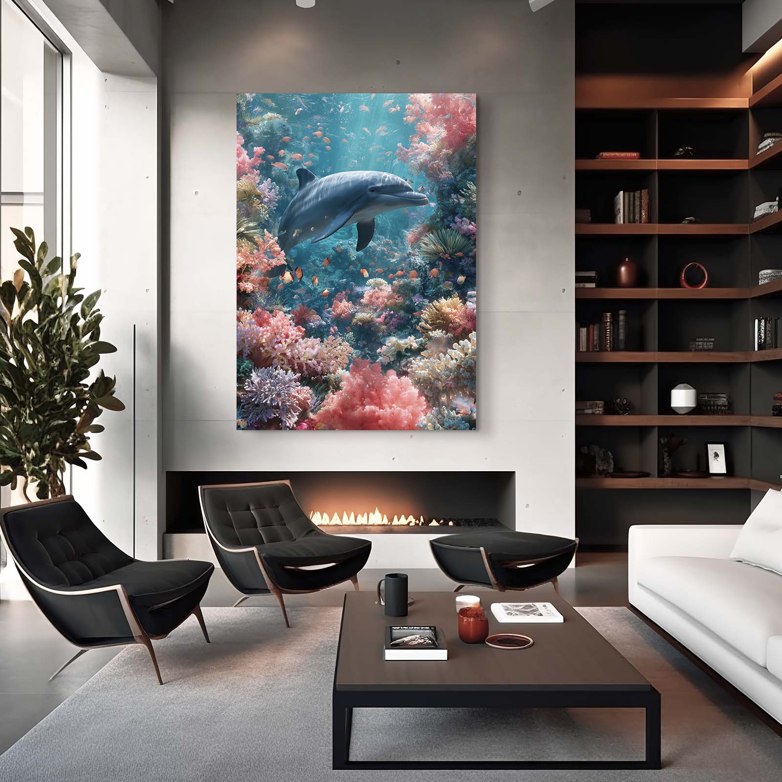 Pastel Reef Dolphin Artwork – styled in a furnished interior