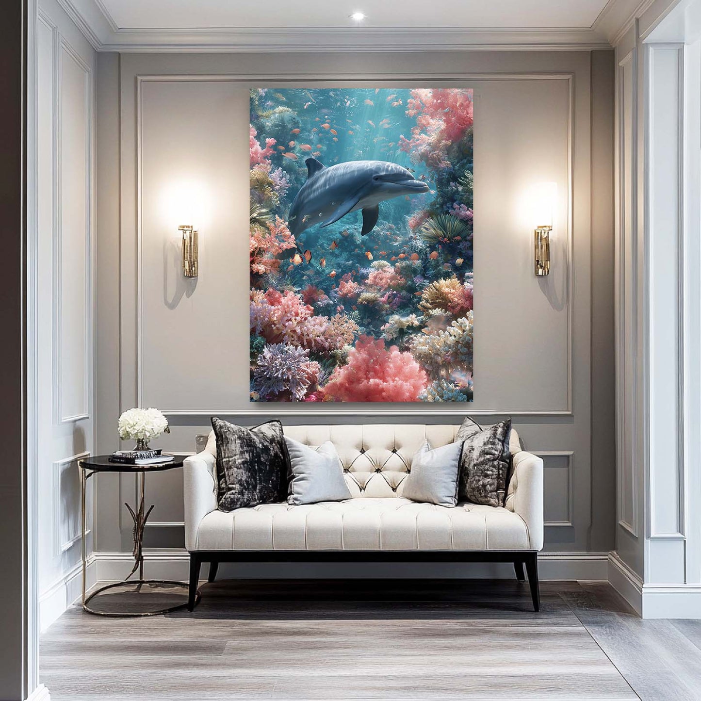 Pastel Reef Dolphin Artwork – styled in a furnished interior