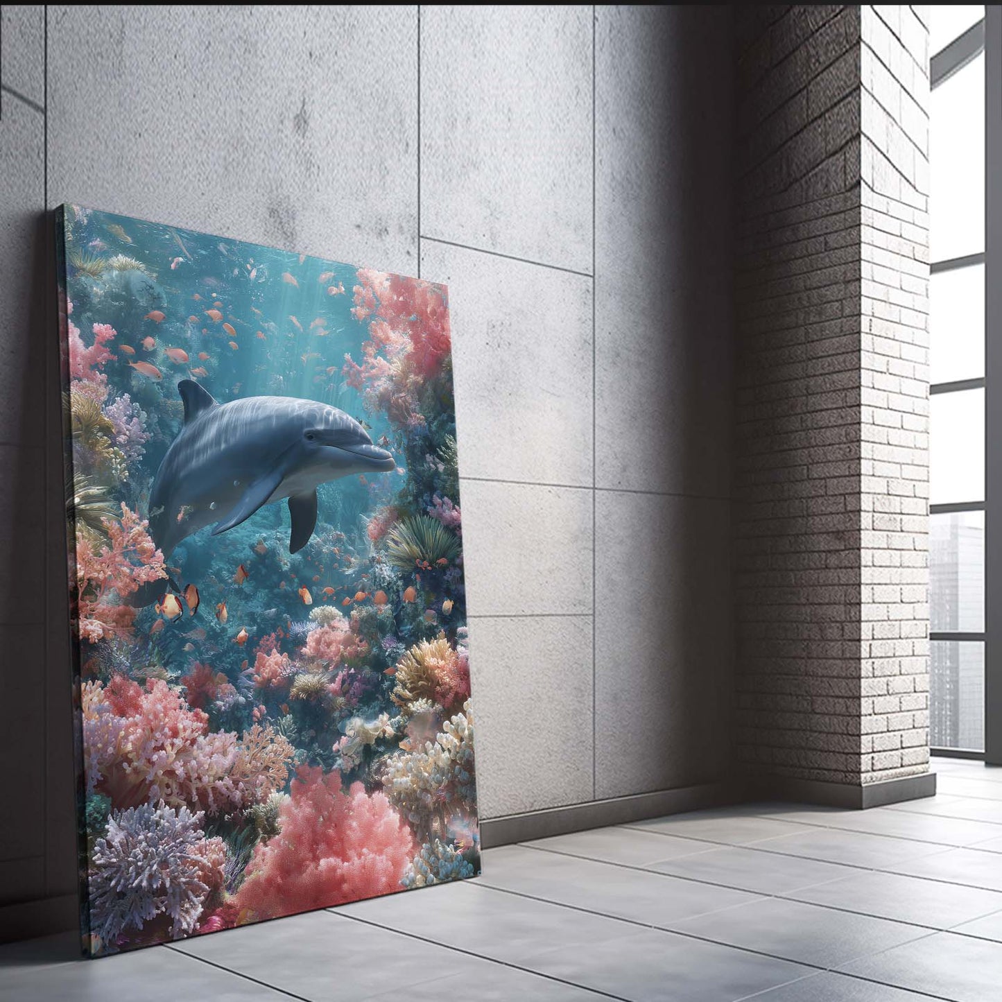 Pastel Reef Dolphin Artwork – styled in a furnished interior