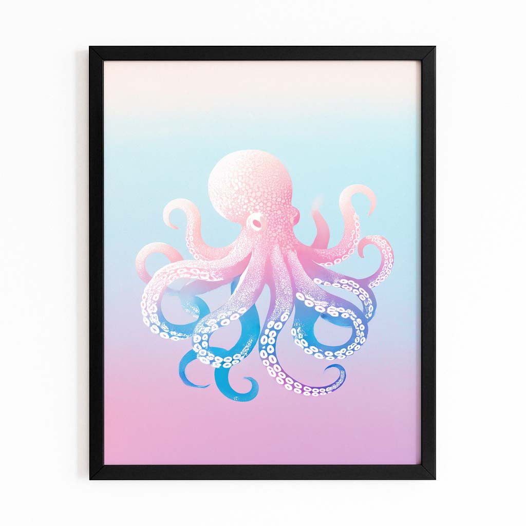 Pastel Sky Drift Octopus Wall Decor – with Premium Black frame on white background