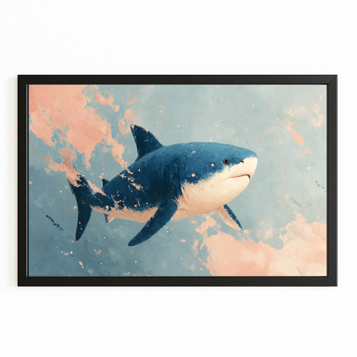 Pastel Sky Watercolor Shark Prints – with Premium Black frame on white background