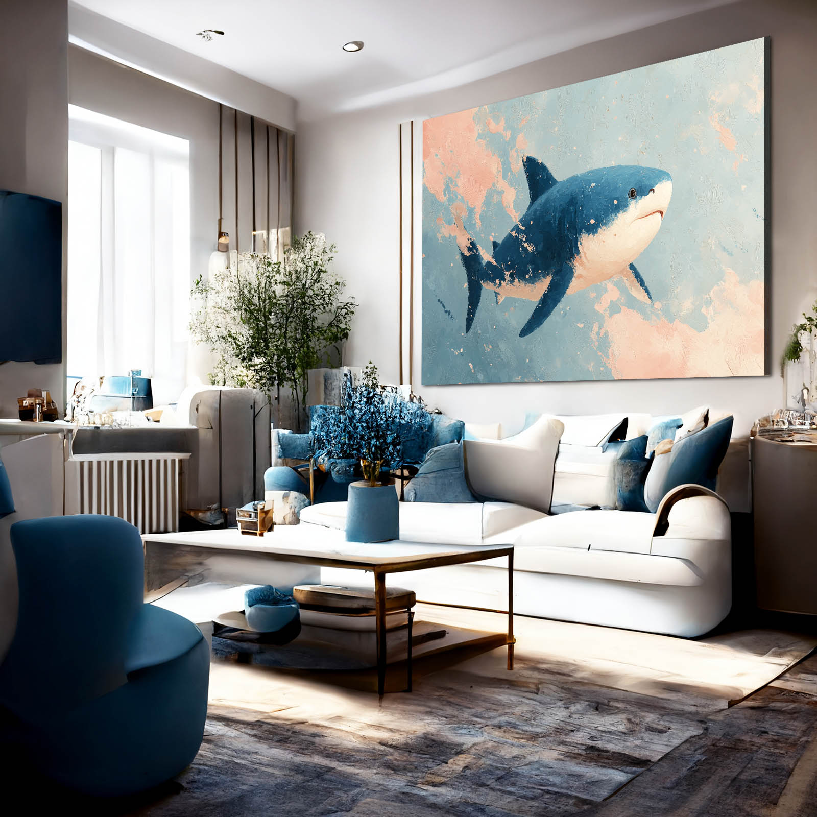 Pastel Sky Watercolor Shark Prints – styled in a furnished interior