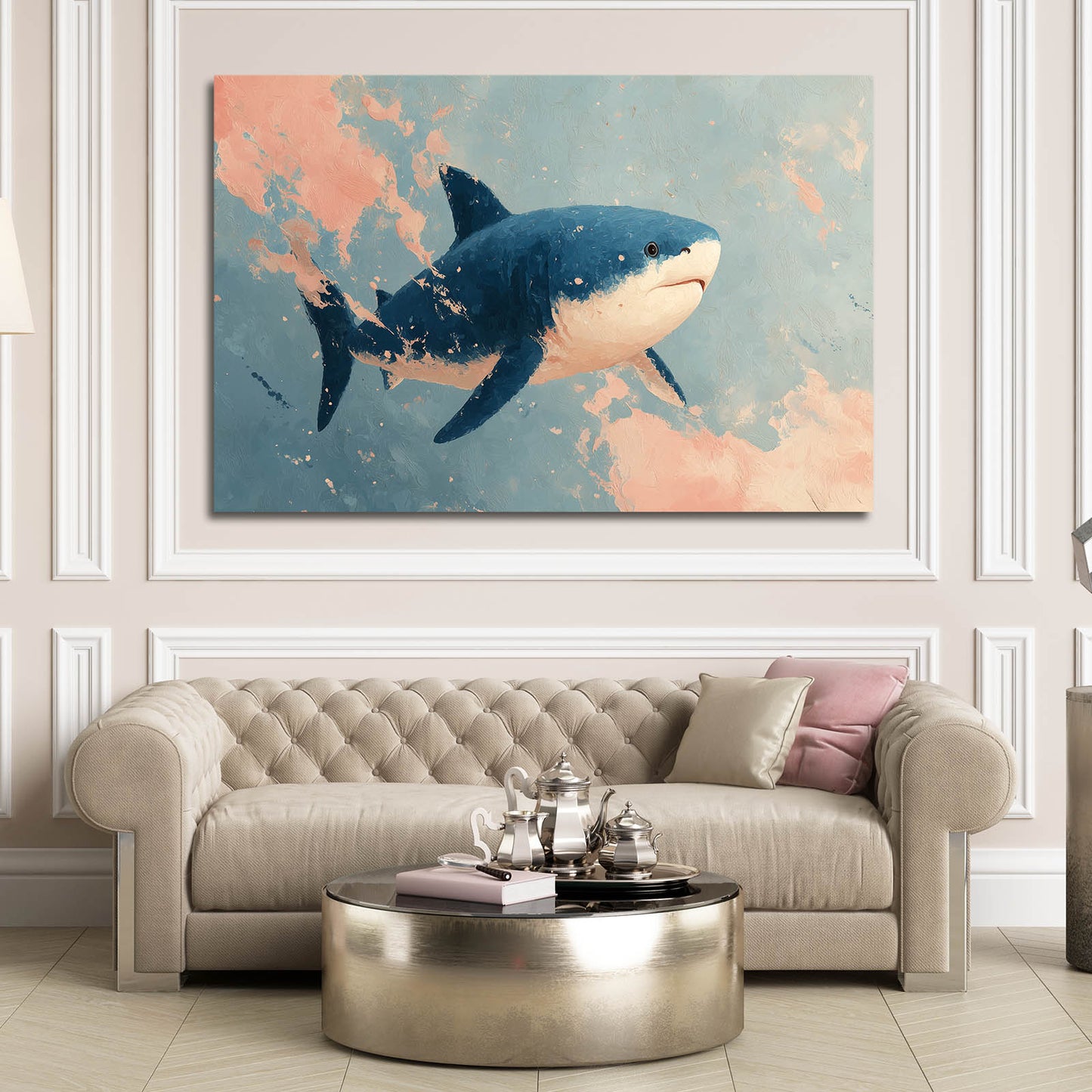 Pastel Sky Watercolor Shark Prints – styled in a furnished interior