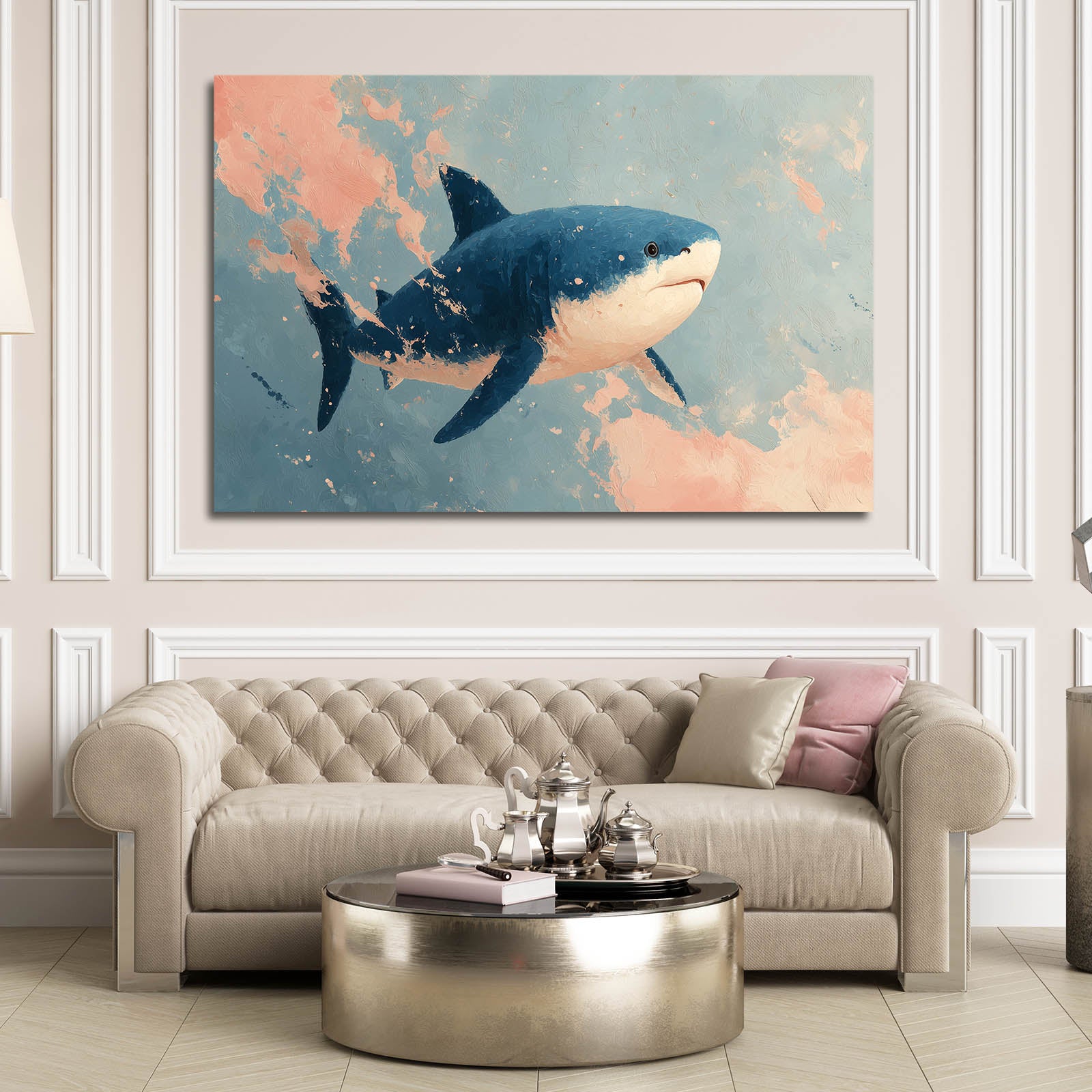 Pastel Sky Watercolor Shark Prints – styled in a furnished interior