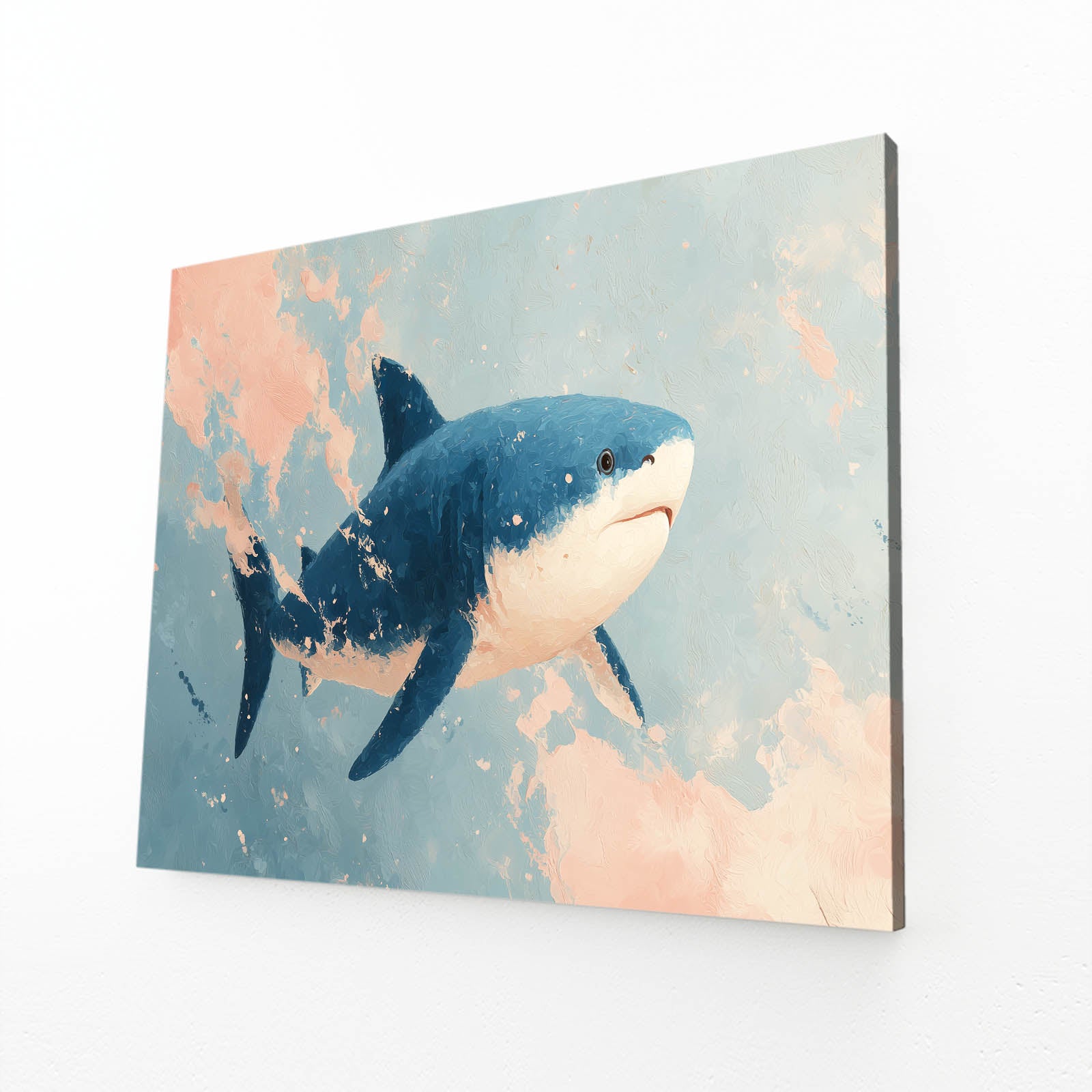 Pastel Sky Watercolor Shark Prints – angled canvas view on white background