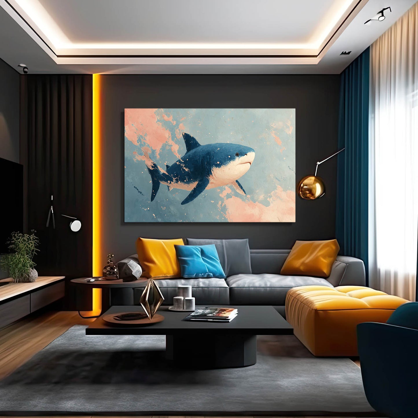 Pastel Sky Watercolor Shark Prints – styled in a furnished interior