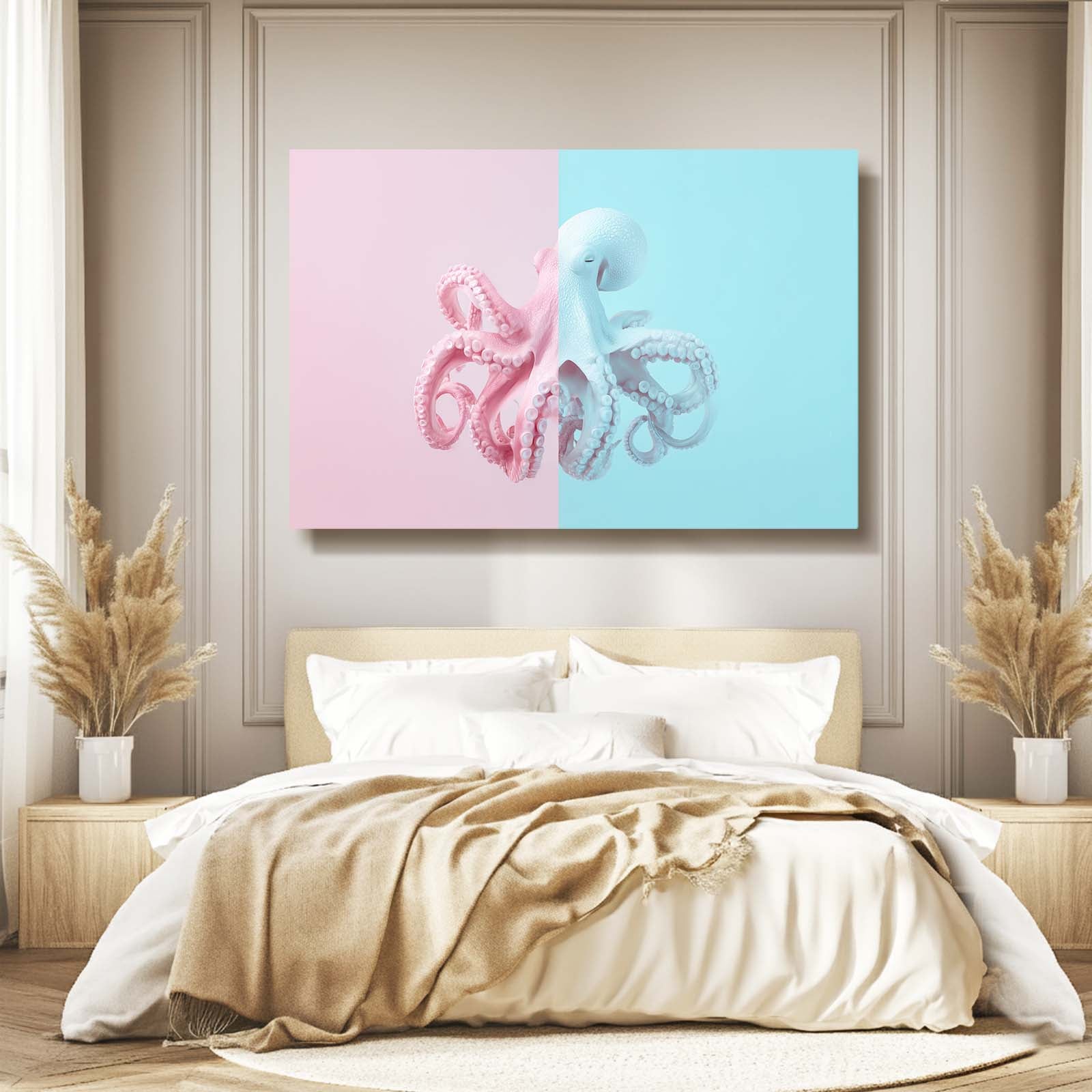 Pastel Split Panel Octopus Canvas – styled in a furnished interior