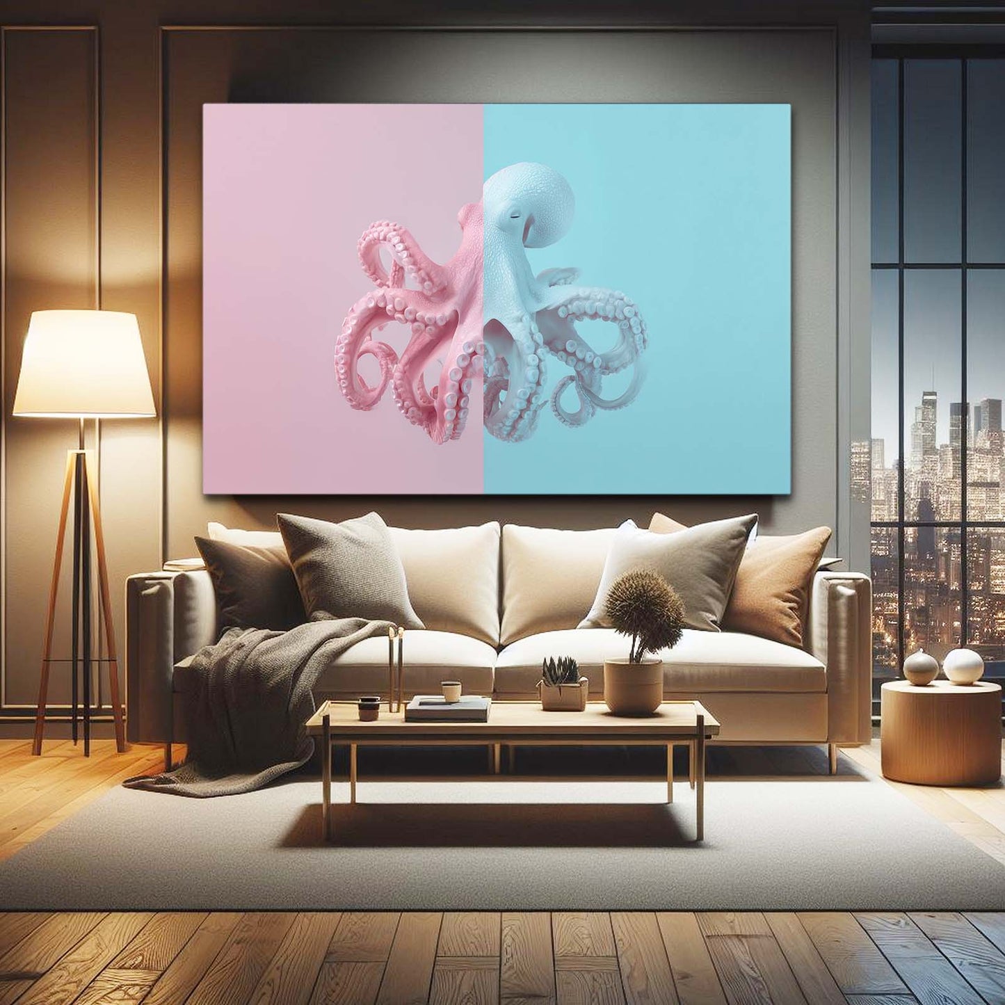 Pastel Split Panel Octopus Canvas – styled in a furnished interior
