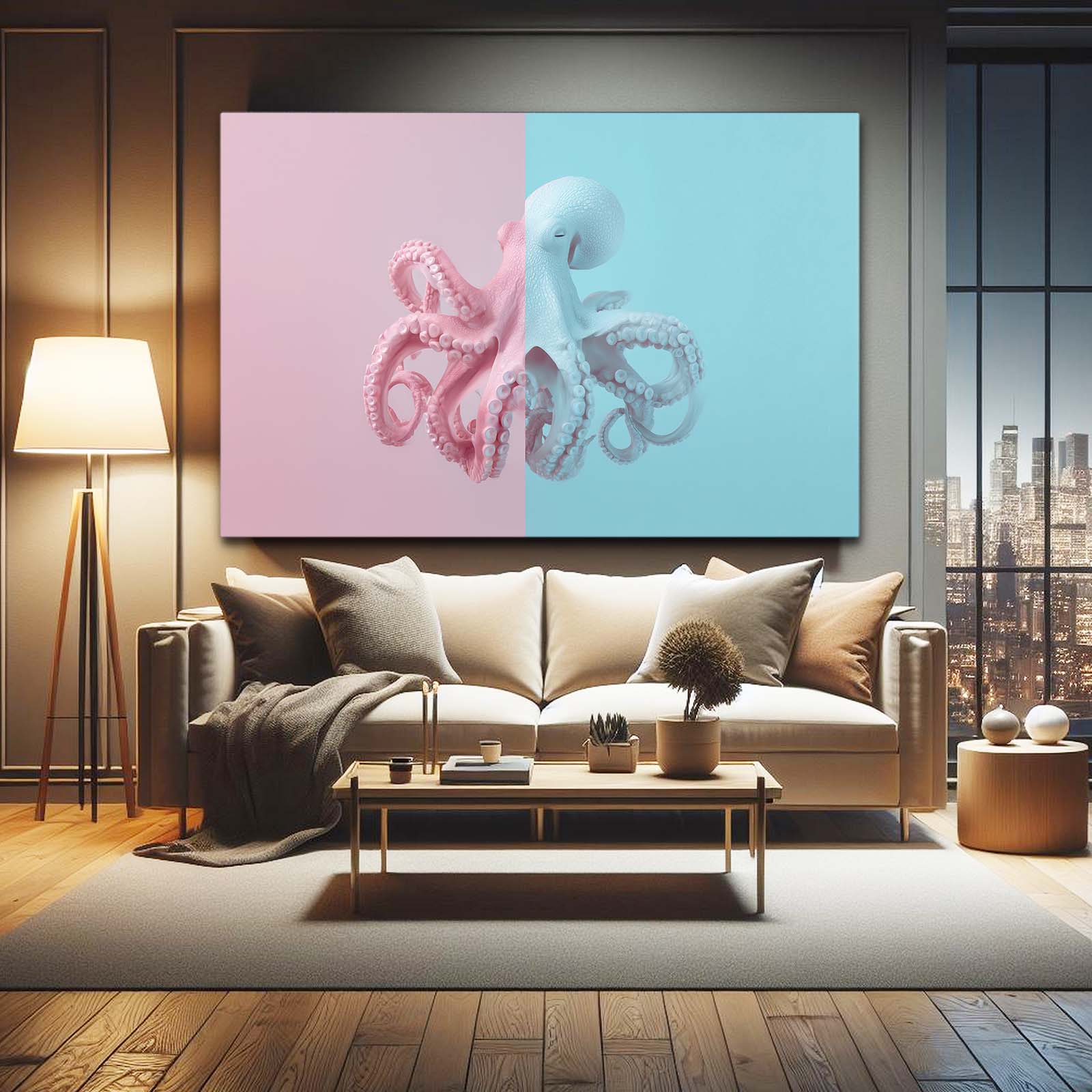 Pastel Split Panel Octopus Canvas – styled in a furnished interior