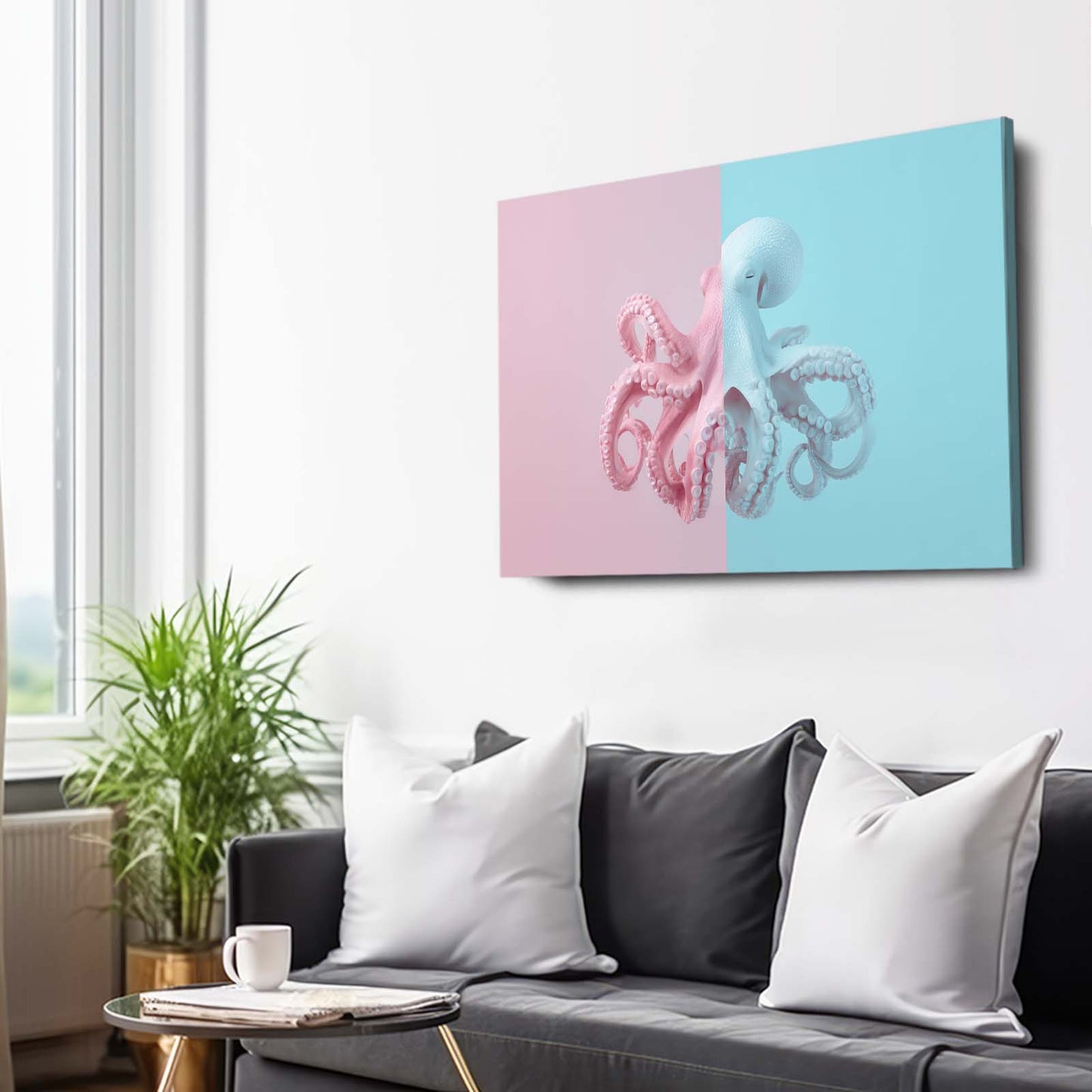 Pastel Split Panel Octopus Canvas – styled in a furnished interior