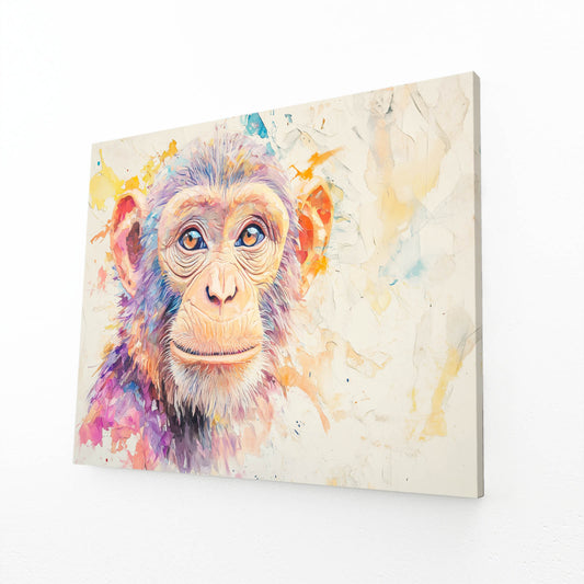 Pastel Watercolor Face Monkey Canvas Art – angled canvas view on white background
