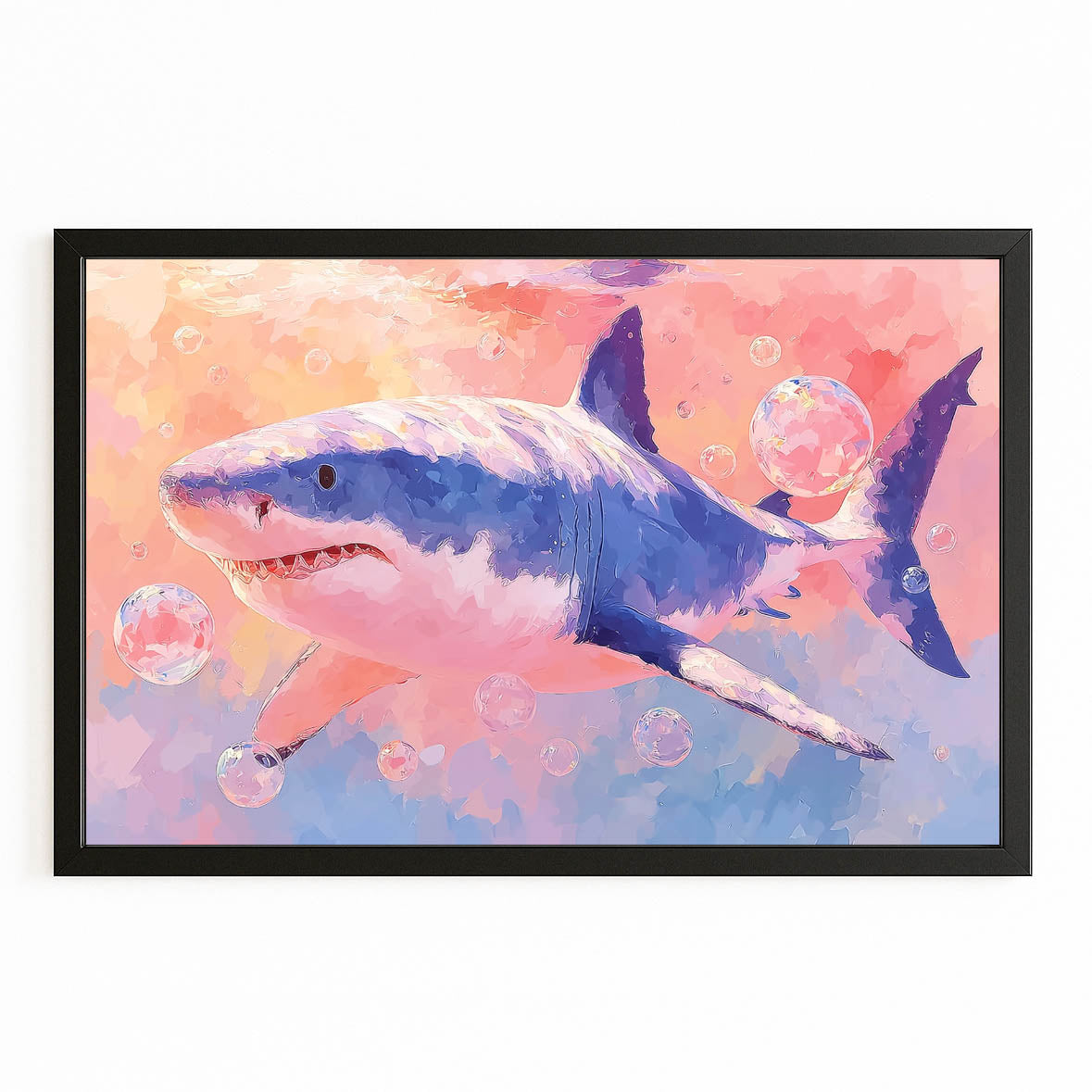 Pastel Watercolor Splash Shark Wall Art – with Premium Black frame on white background