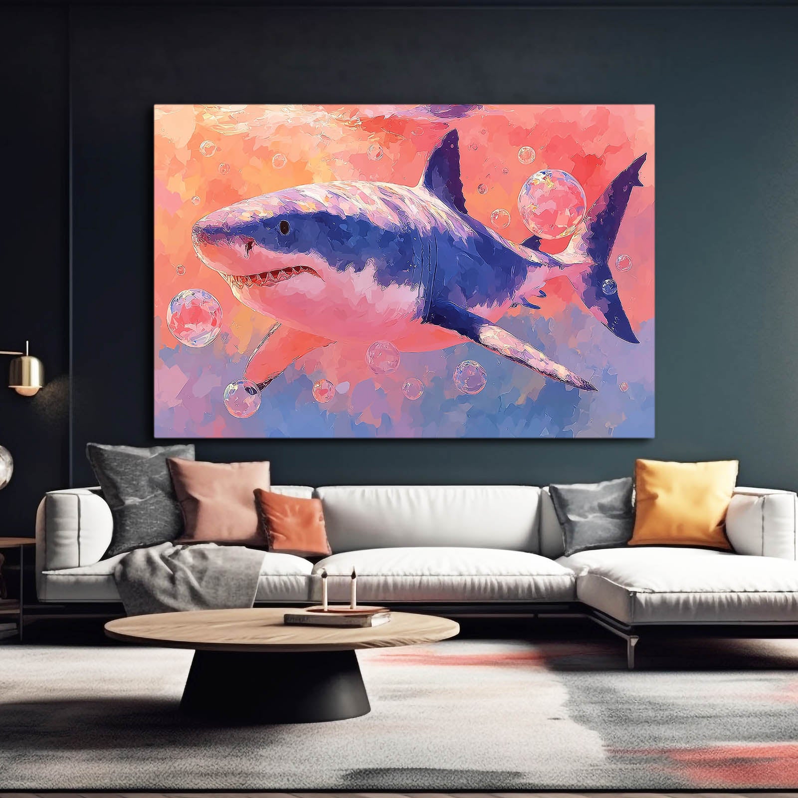 Pastel Watercolor Splash Shark Wall Art – styled in a furnished interior