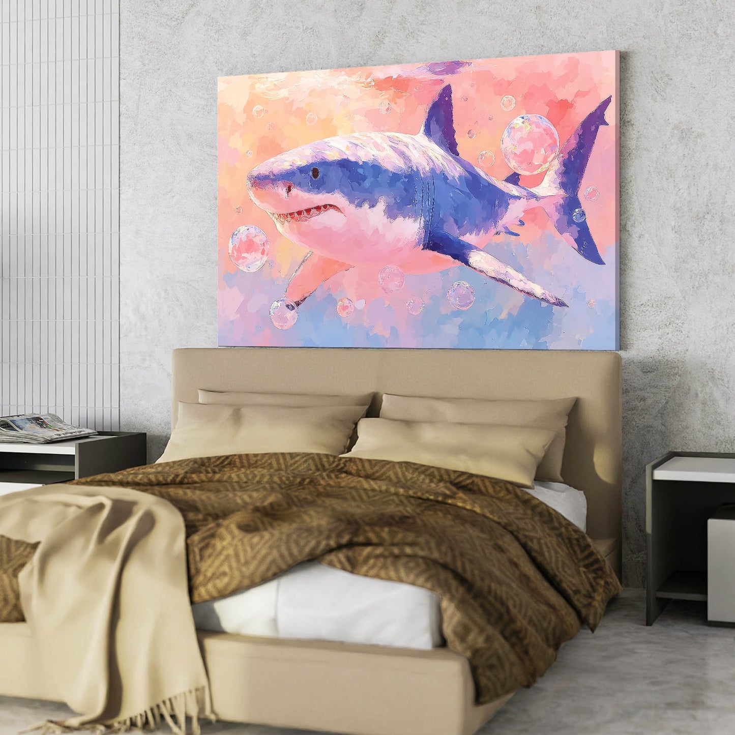 Pastel Watercolor Splash Shark Wall Art – styled in a furnished interior