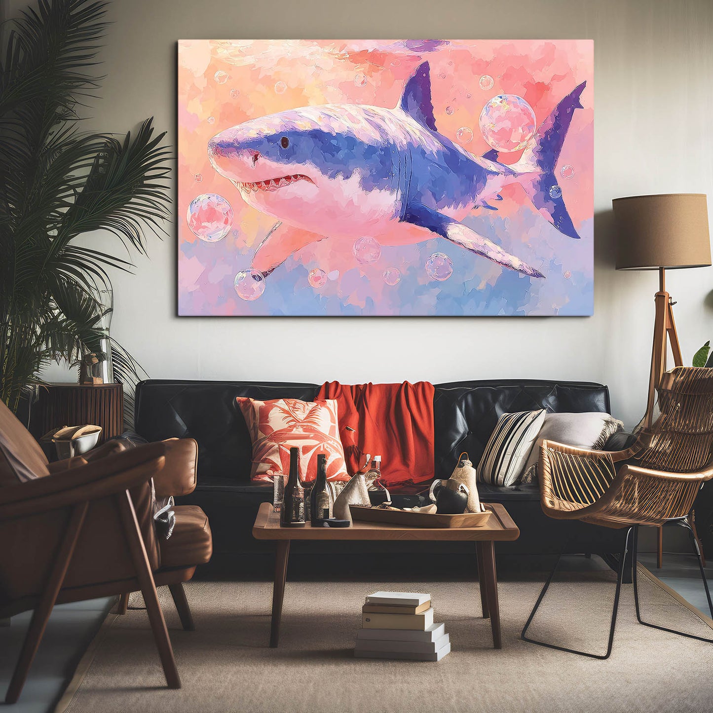 Pastel Watercolor Splash Shark Wall Art – styled in a furnished interior
