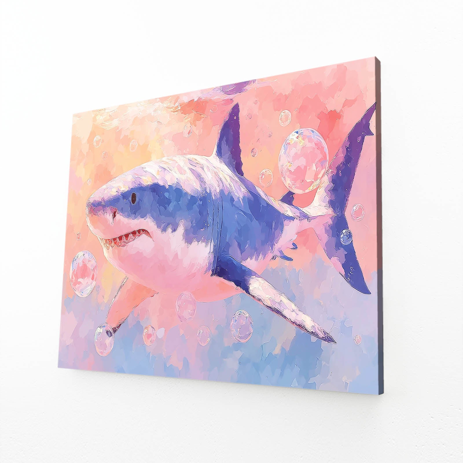 Pastel Watercolor Splash Shark Wall Art – angled canvas view on white background