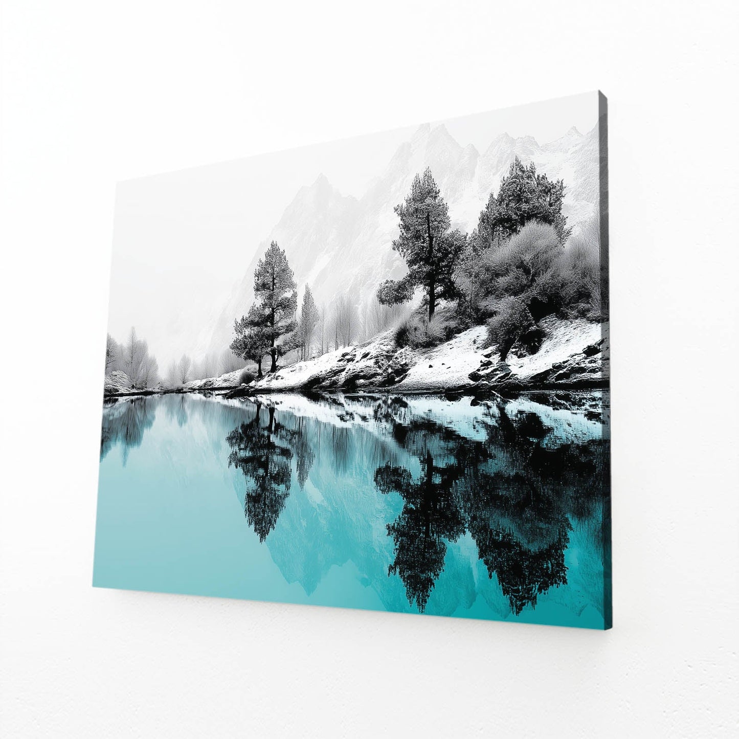 Pastel Winter Lake Photography Wall Decor – angled canvas view on white background