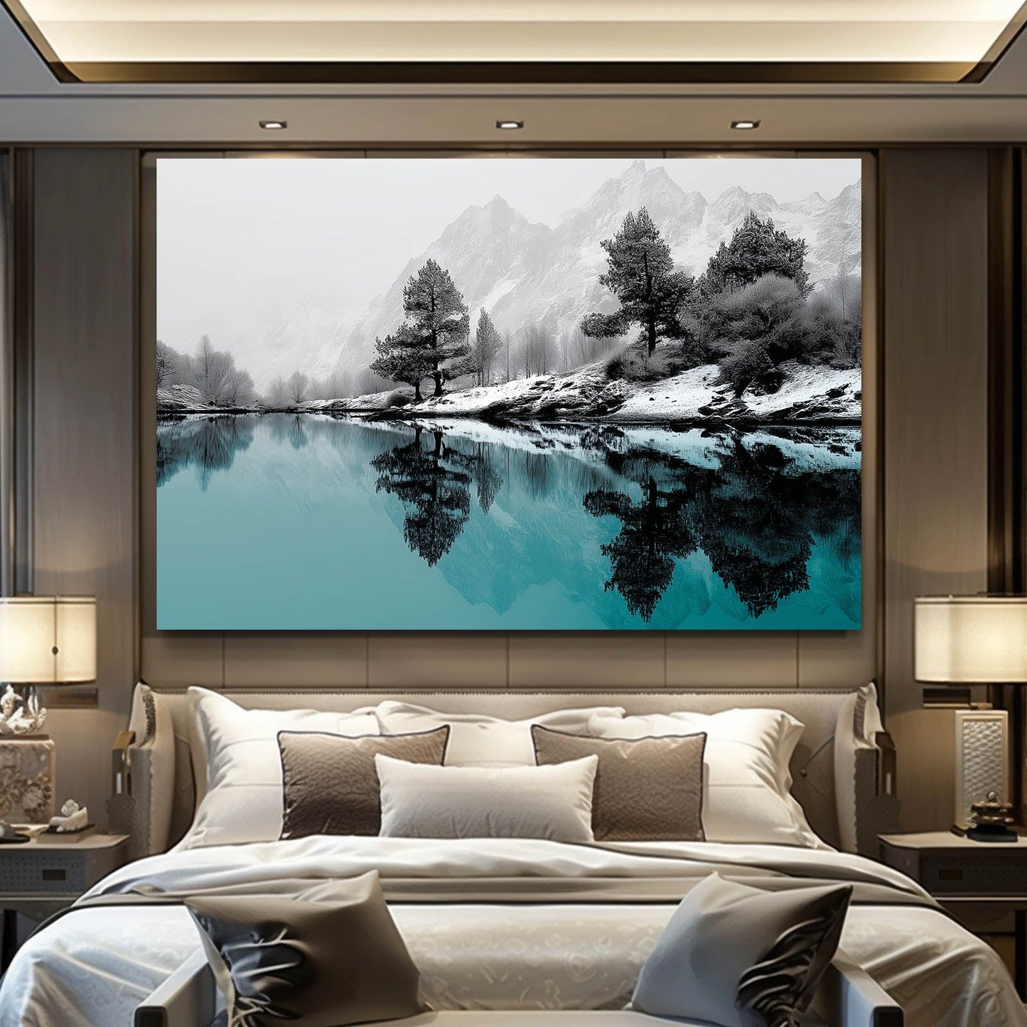 Pastel Winter Lake Photography Wall Decor – above a beige upholstered bed