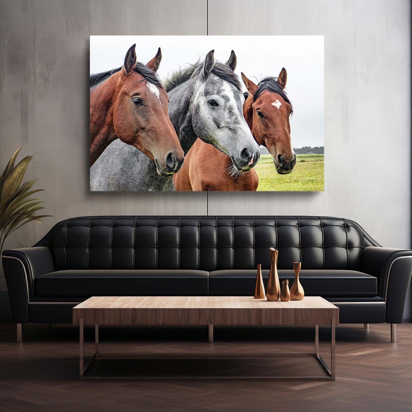 Pasture Trio Portrait Horse Canvas Art — photography canvas print, styled in a furnished interior