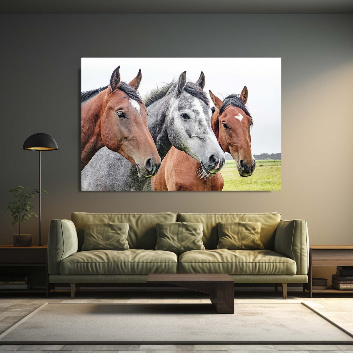 Pasture Trio Portrait Horse Canvas Art — photography canvas print, styled in a furnished interior