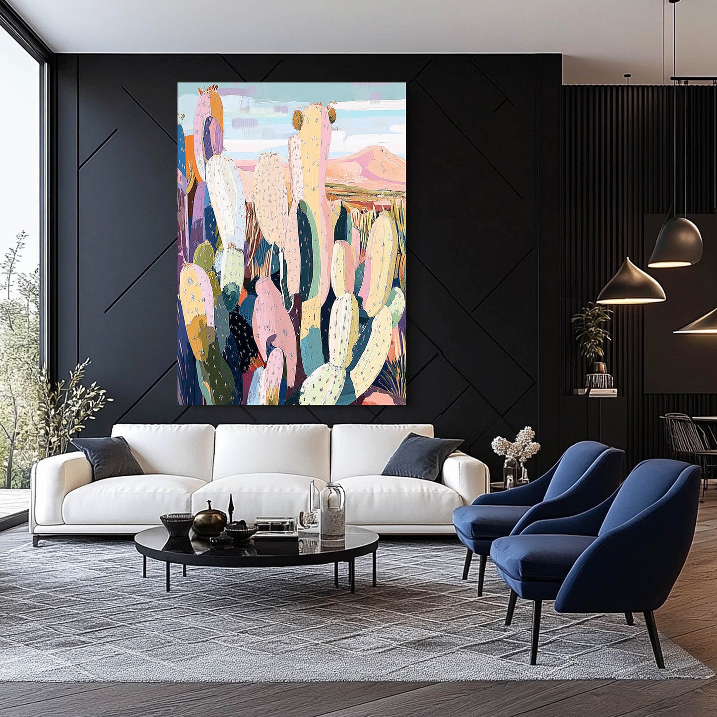 Patchwork Desert Ridge Cactus Art – styled in a furnished interior