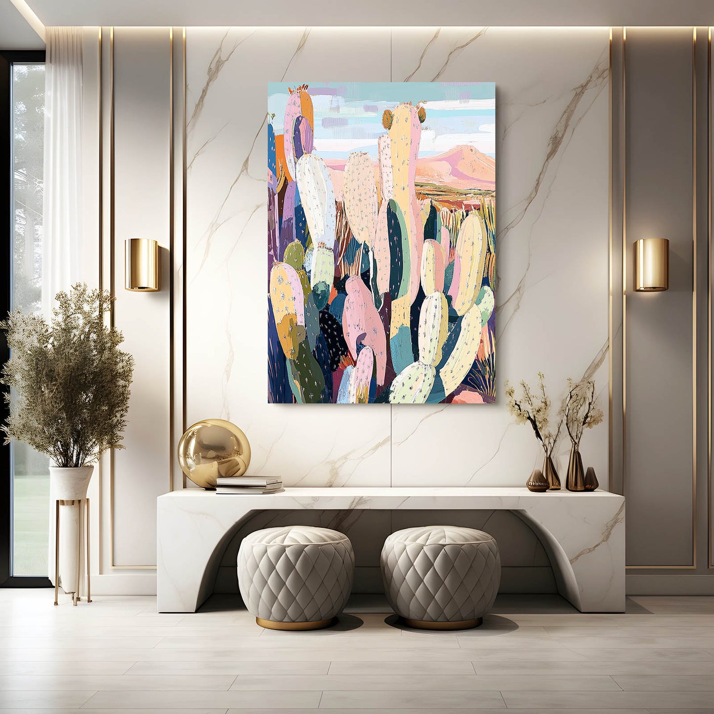 Patchwork Desert Ridge Cactus Art – styled in a furnished interior