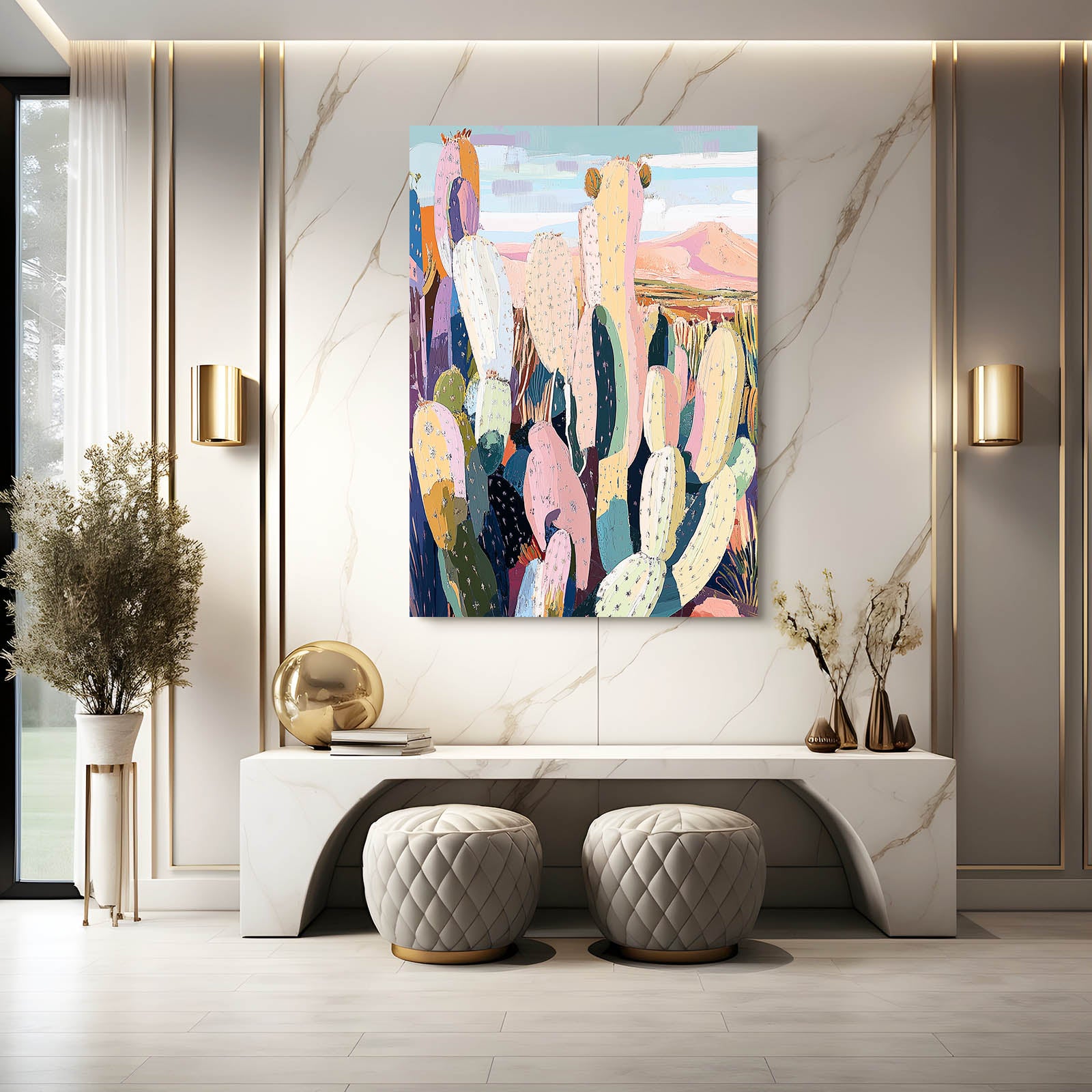 Patchwork Desert Ridge Cactus Art – styled in a furnished interior