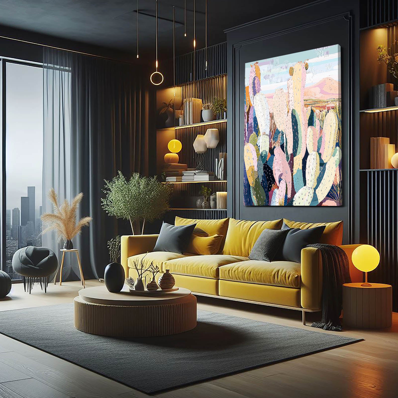 Patchwork Desert Ridge Cactus Art – styled in a furnished interior